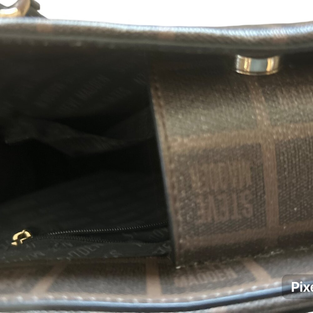 STEVE MADDEN PLAID TOTE SET BLIVIA COGNAC LOGO WITH PURSE - Picture 4 of 8